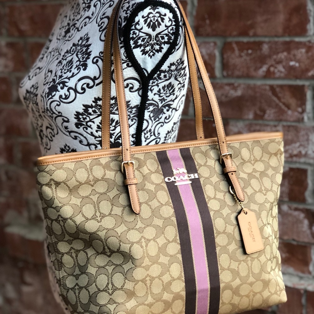 Coach center stripe signature tote bag dark khaki - Picture 2 of 8